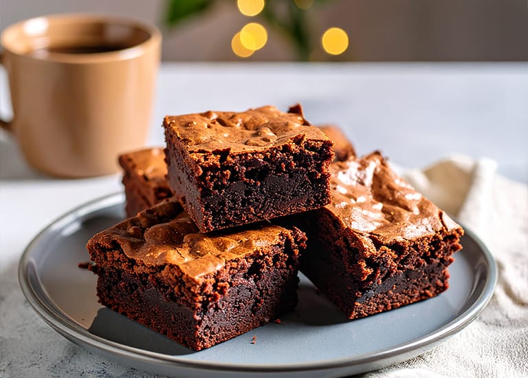 prato de ceramica com brownies de chocolate e banana. ao fundo, xicara com café